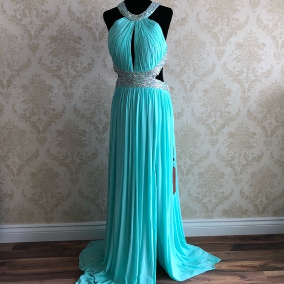 Blue beaded Halter Maxi Gown - Picture 1 of 15